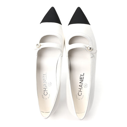 Chanel Shiny Lambskin Grosgrain Pearl Mary Janes Flats 37.5 White Black 2 of 10