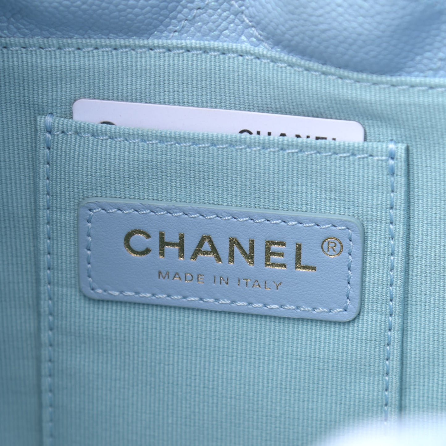 Iridescent Caviar Quilted My Perfect CC Bucket Drawstring Bag Light Blue