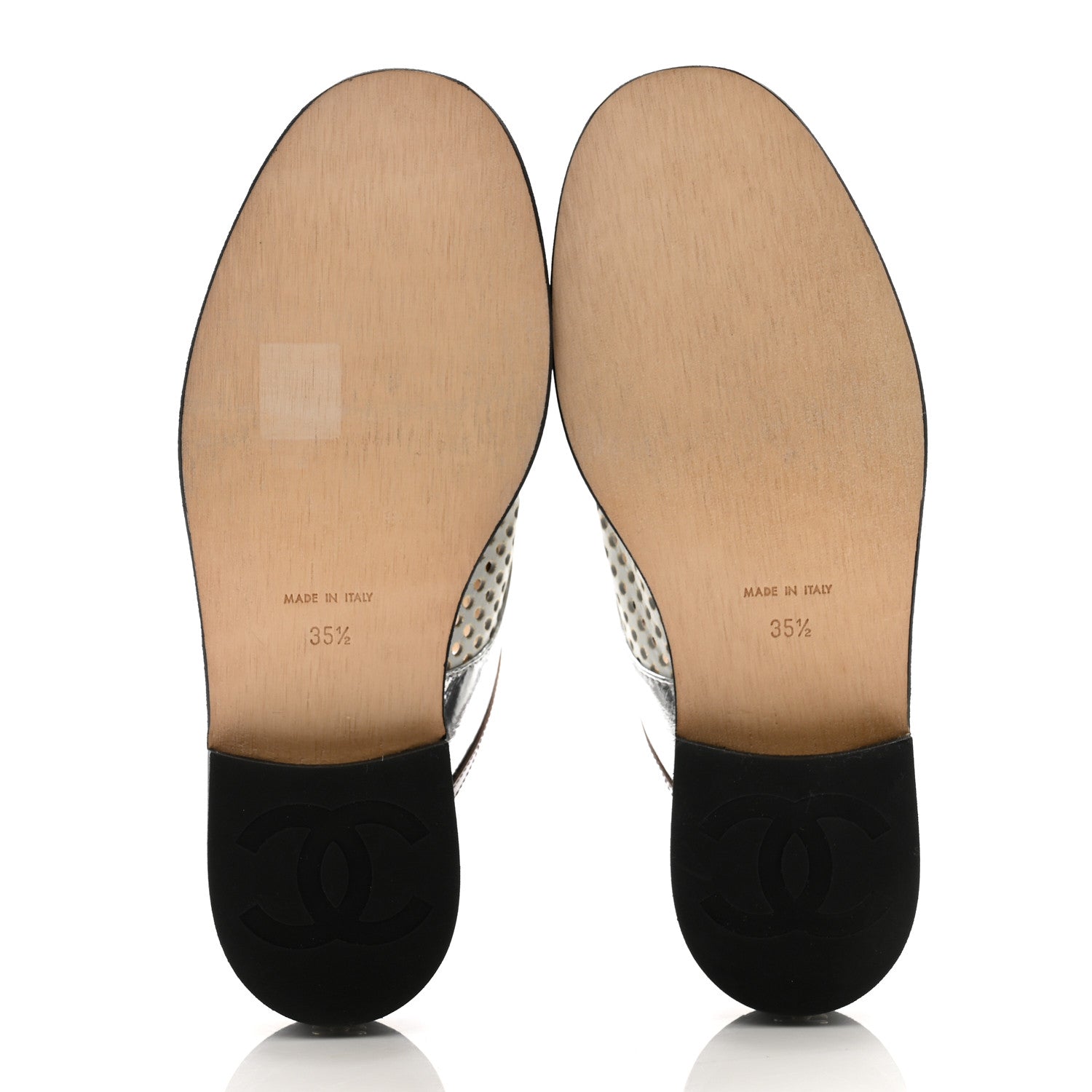 Chanel Lambskin Perforated Cap Toe Lace Up Mules 35.5 Silver Black 5 of 13