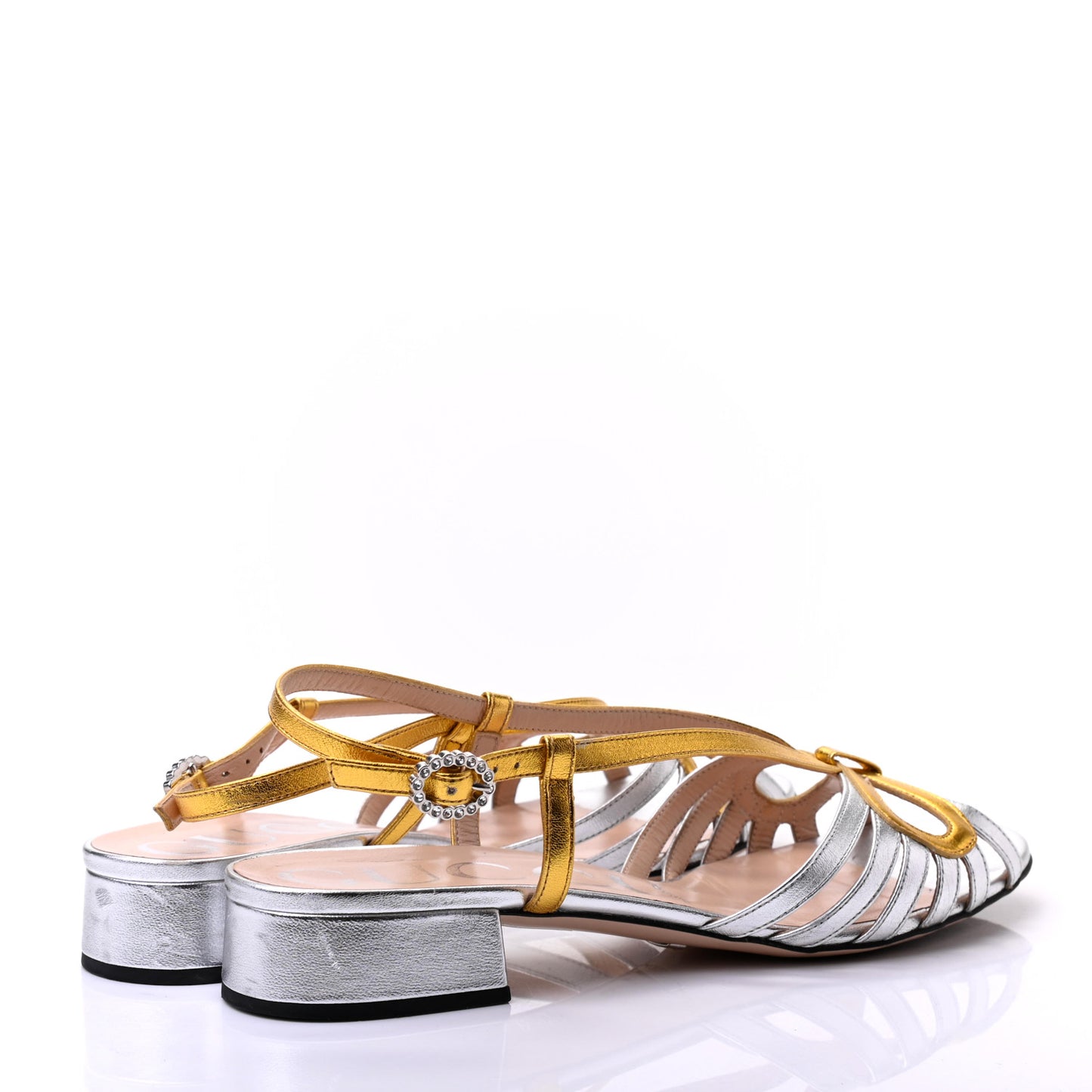 Metallic Nappa Crystal Zephyra Slingback Low Heel Sandals 38 Silver Gold
