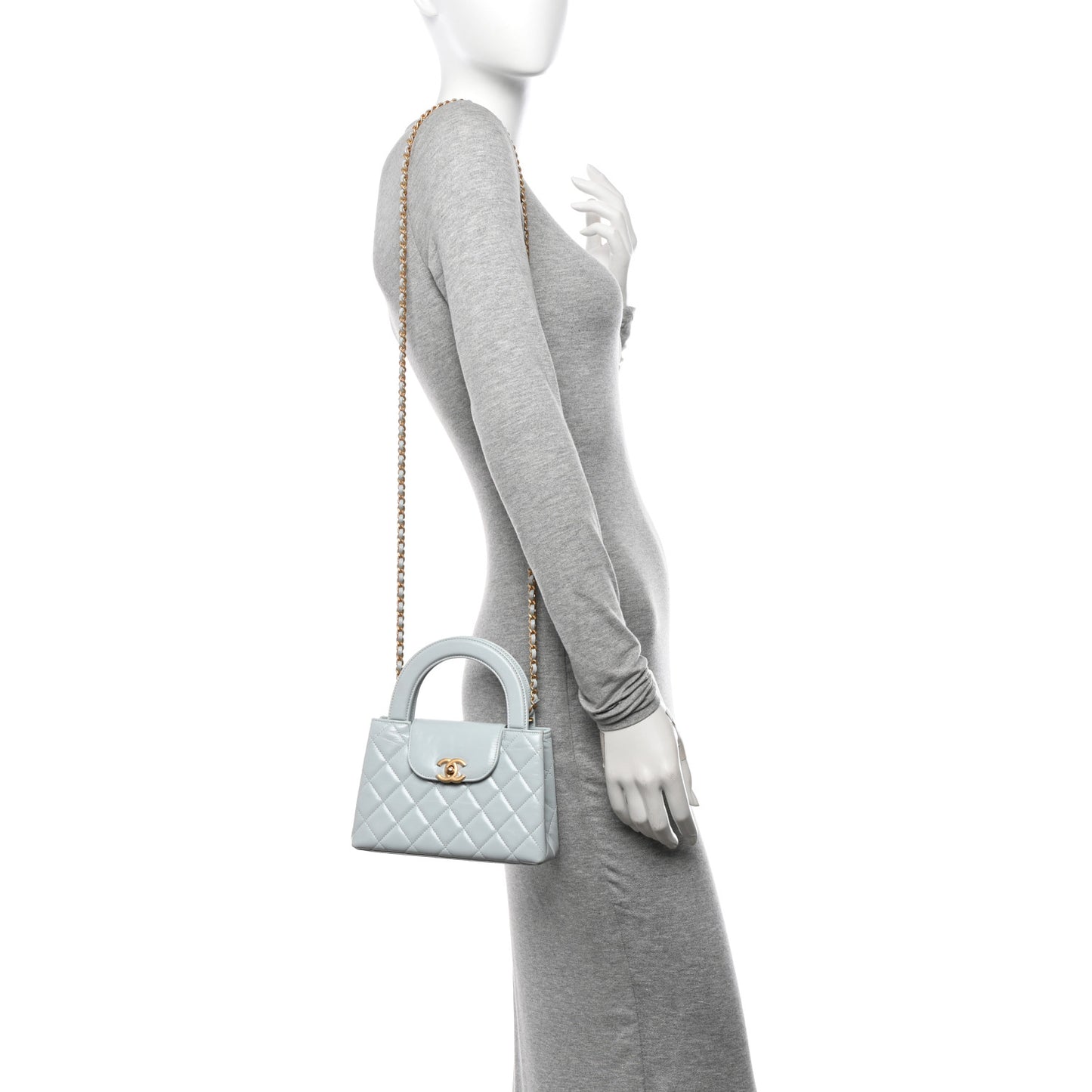 Shiny Aged Calfskin Quilted Nano Kelly Shopper Light Blue