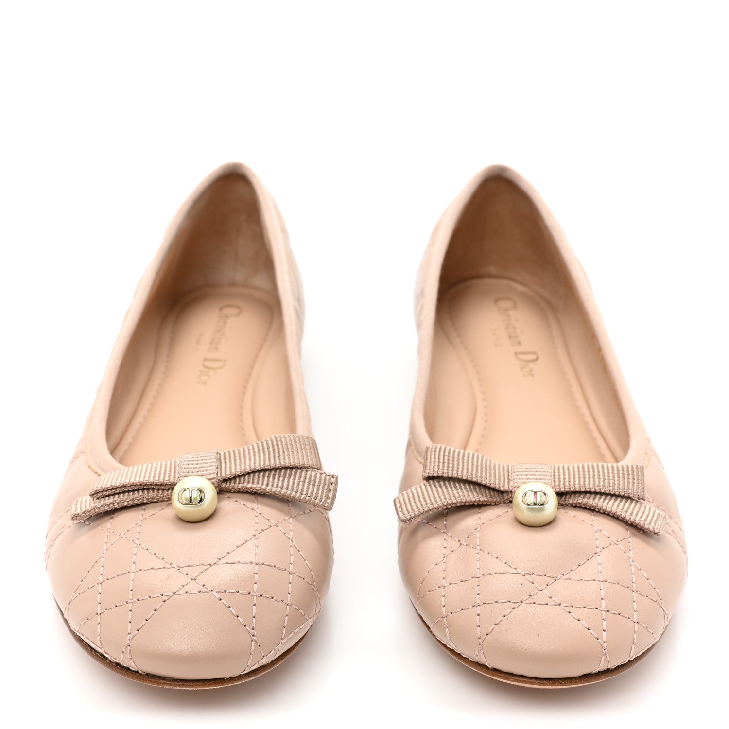 Christian Dior Calfskin Cannage Pearl Bow Ballet Flats 37.5 Nude 2 of 8