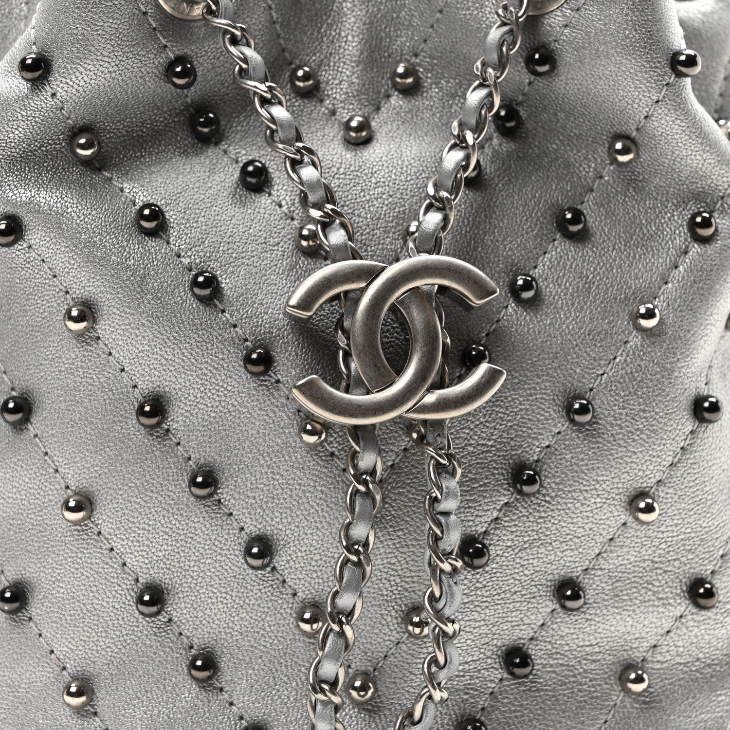 Chanel Metallic Lambskin Studded Chevron Quilted Small Stud Wars Drawstring Bag Silver 8 of 10