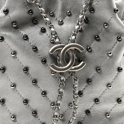 Chanel Metallic Lambskin Studded Chevron Quilted Small Stud Wars Drawstring Bag Silver 8 of 10