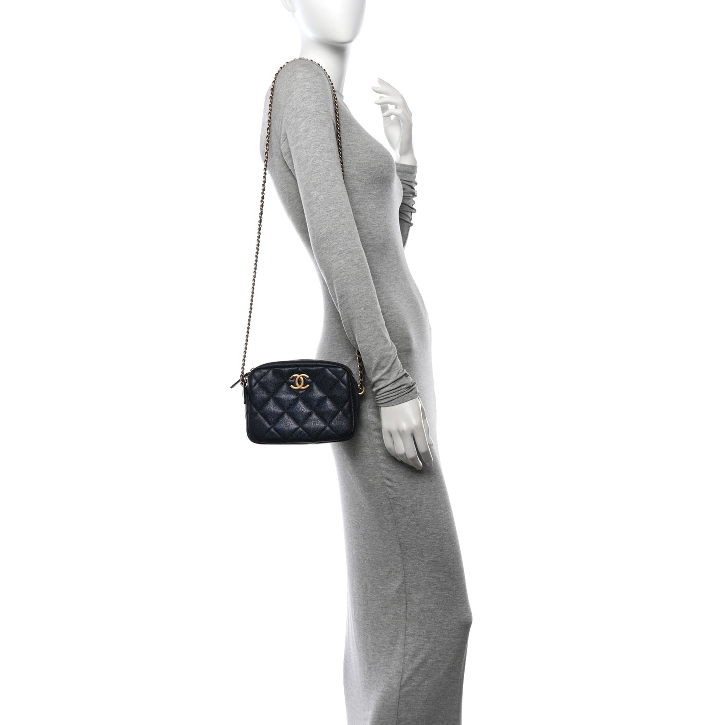 Shiny Caviar Quilted Chain Melody Camera Bag Dark Blue