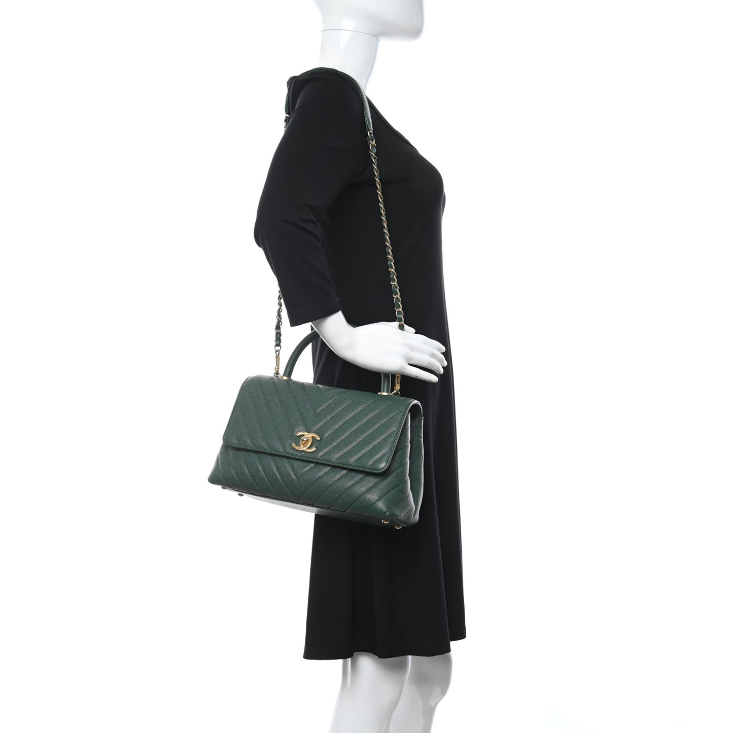 Caviar Chevron Quilted Small Coco Handle Flap Green