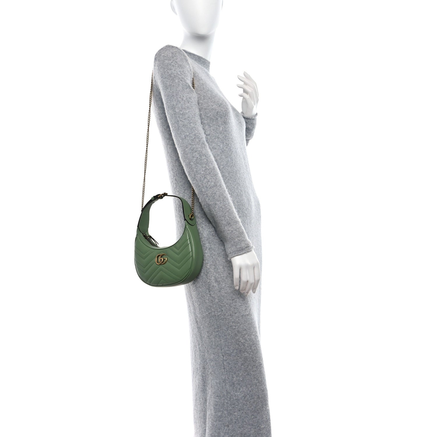 Gucci Calfskin Matelasse Chevron Mini GG Marmont Half Moon Hobo Salamander Green 2 of 9