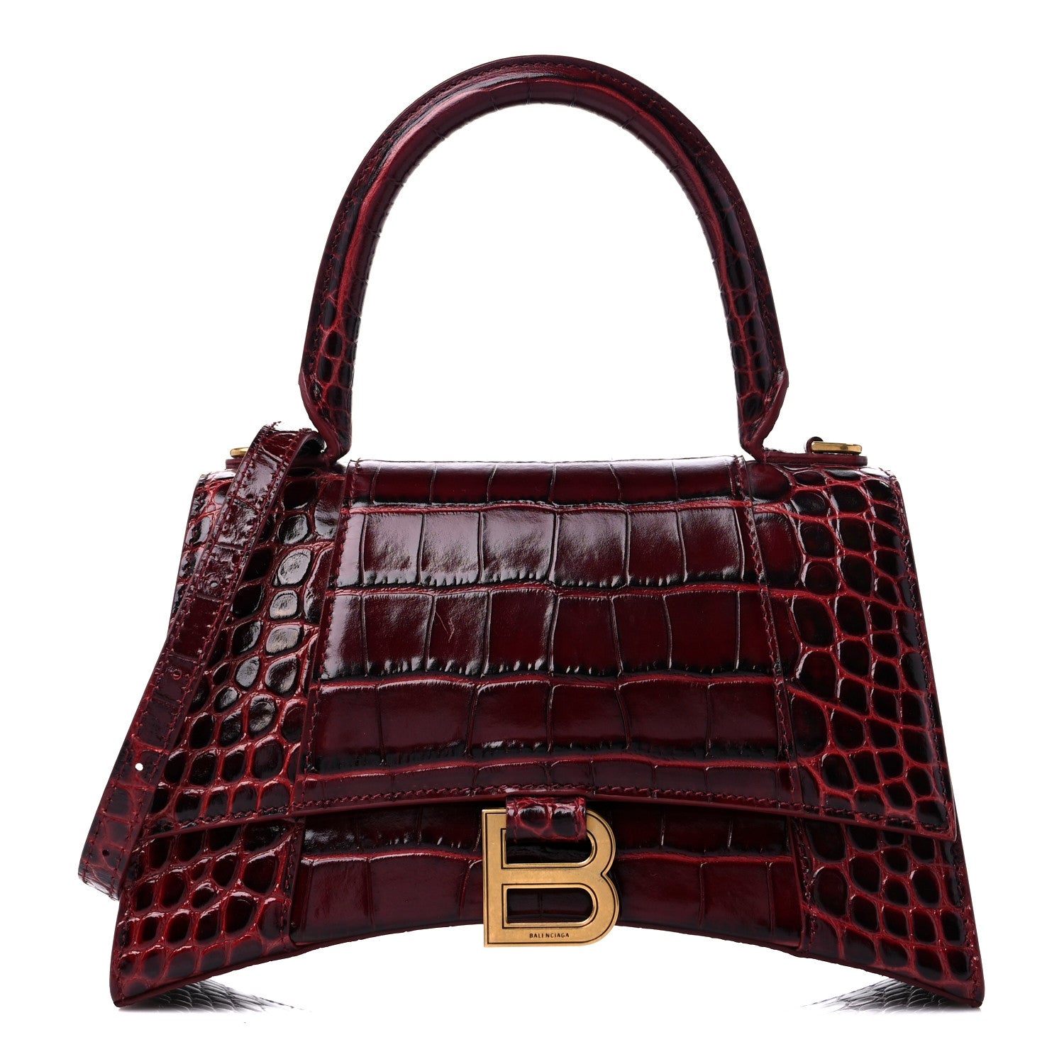 Balenciaga Shiny Calfskin Crocodile Embossed Small Hourglass Top Handle Bag Dark Red 1 of 10
