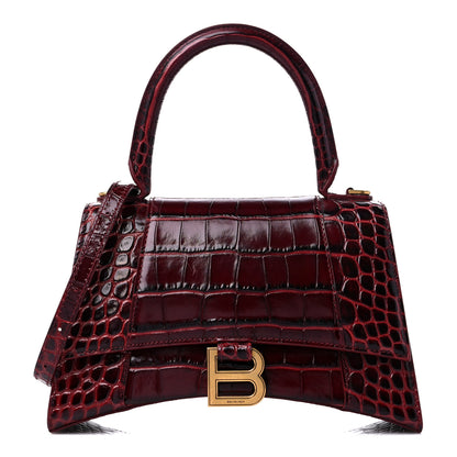 Balenciaga Shiny Calfskin Crocodile Embossed Small Hourglass Top Handle Bag Dark Red 1 of 10