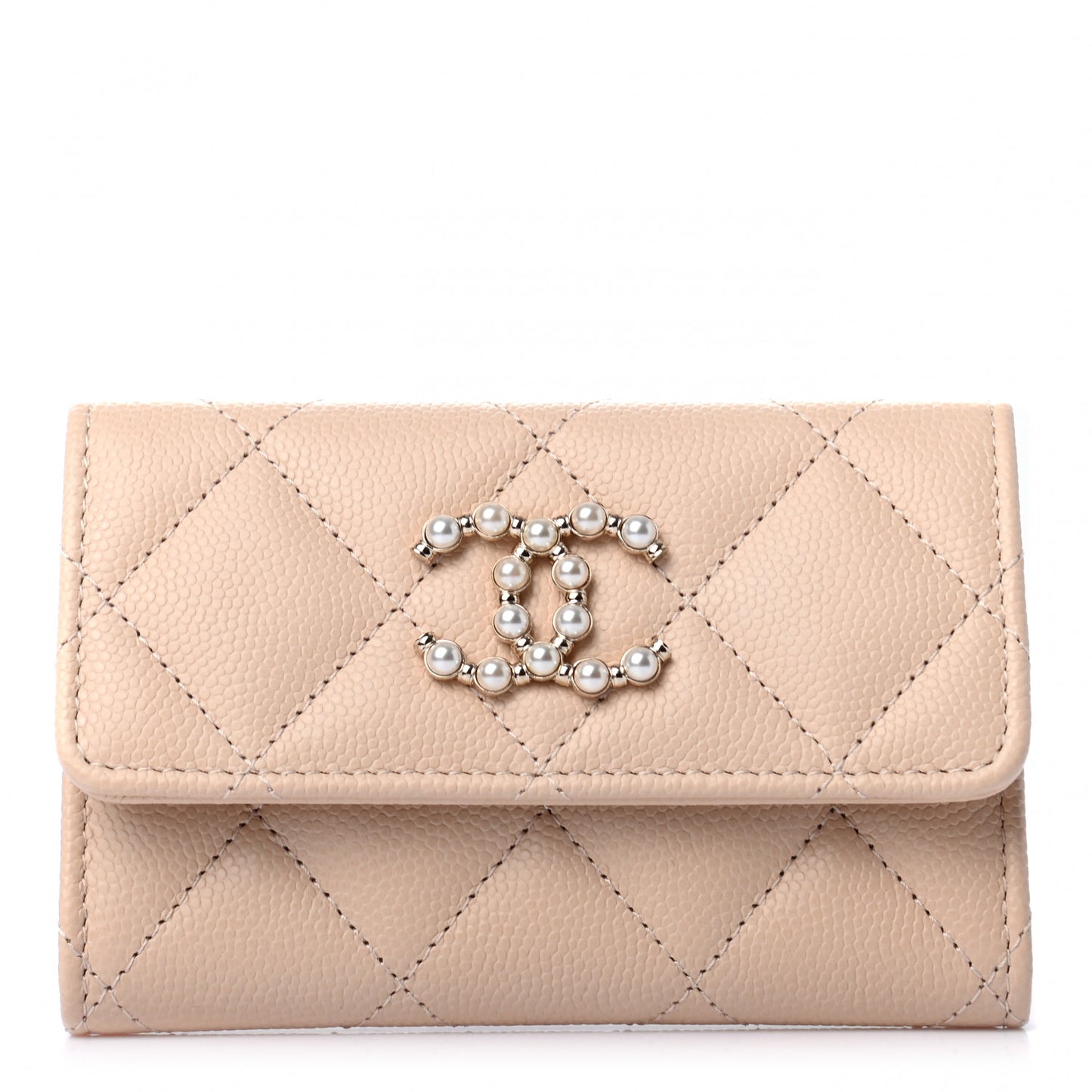 Caviar Pearl Quilted Coco Candy Flap Card Holder Beige