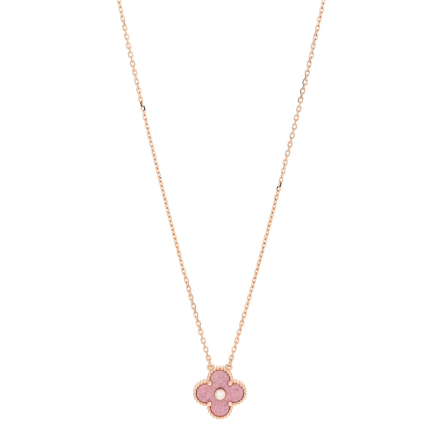 18K Rose Gold Diamond Rhodonite Vintage Alhambra Pendant Necklace
