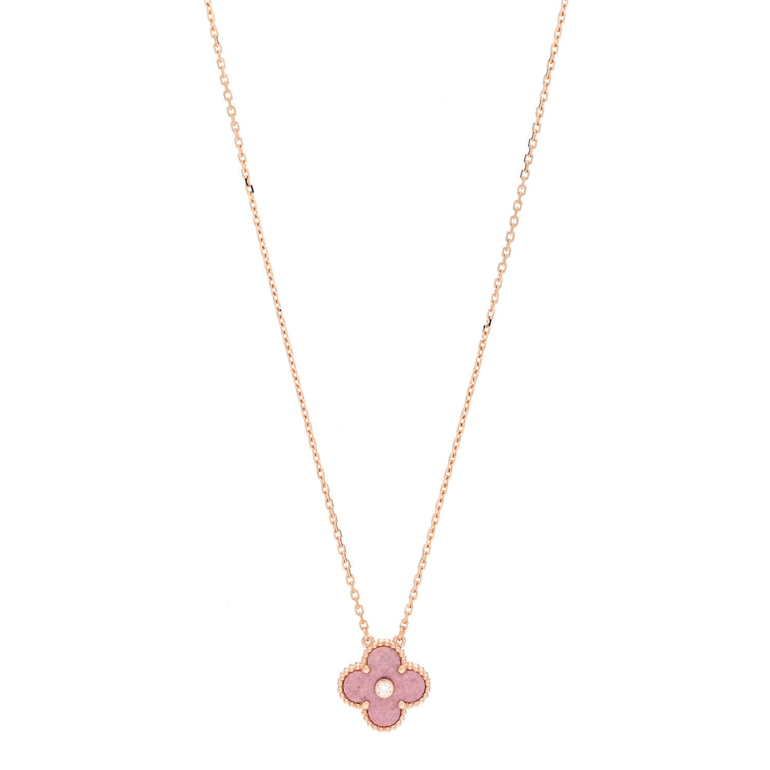 Van Cleef & Arpels 18K Rose Gold Diamond Rhodonite Vintage Alhambra Pendant Necklace 1 of 8