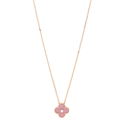 Van Cleef & Arpels 18K Rose Gold Diamond Rhodonite Vintage Alhambra Pendant Necklace 1 of 8
