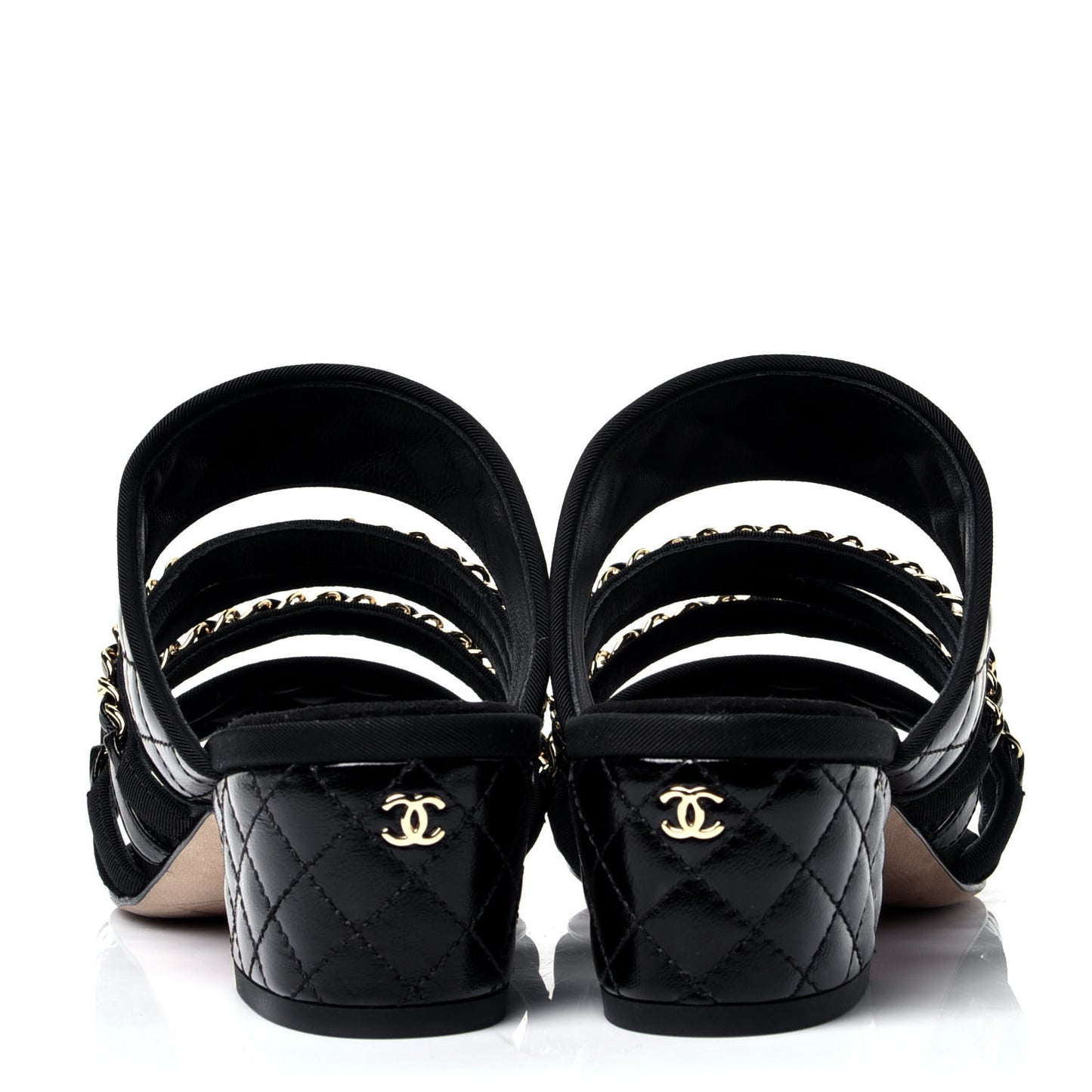 Distressed Patent Quilted Chain Mule Sandals 37 Black