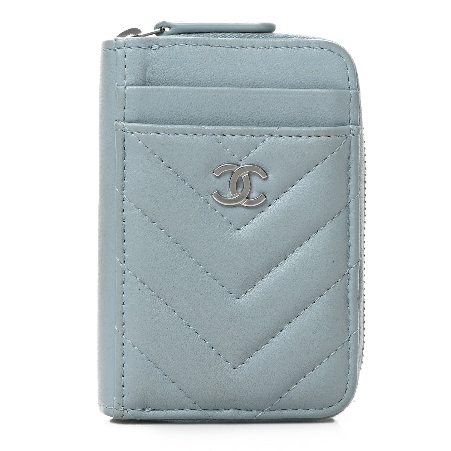 Lambskin Chevron Quilted Zip Card Holder Light Blue