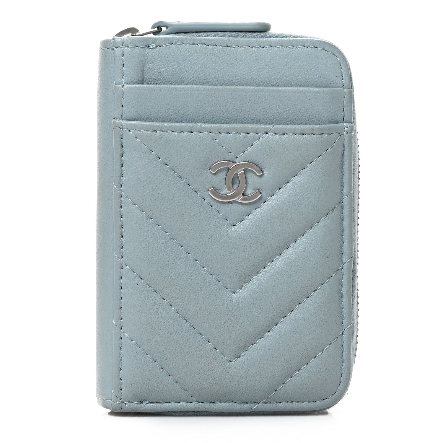 Chanel Lambskin Chevron Quilted Zip Card Holder Light Blue 1 of 6