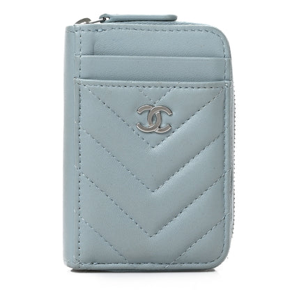 Chanel Lambskin Chevron Quilted Zip Card Holder Light Blue 1 of 6