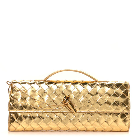 Metallic Lambskin Intrecciato Long Andiamo Top Handle Clutch Gold