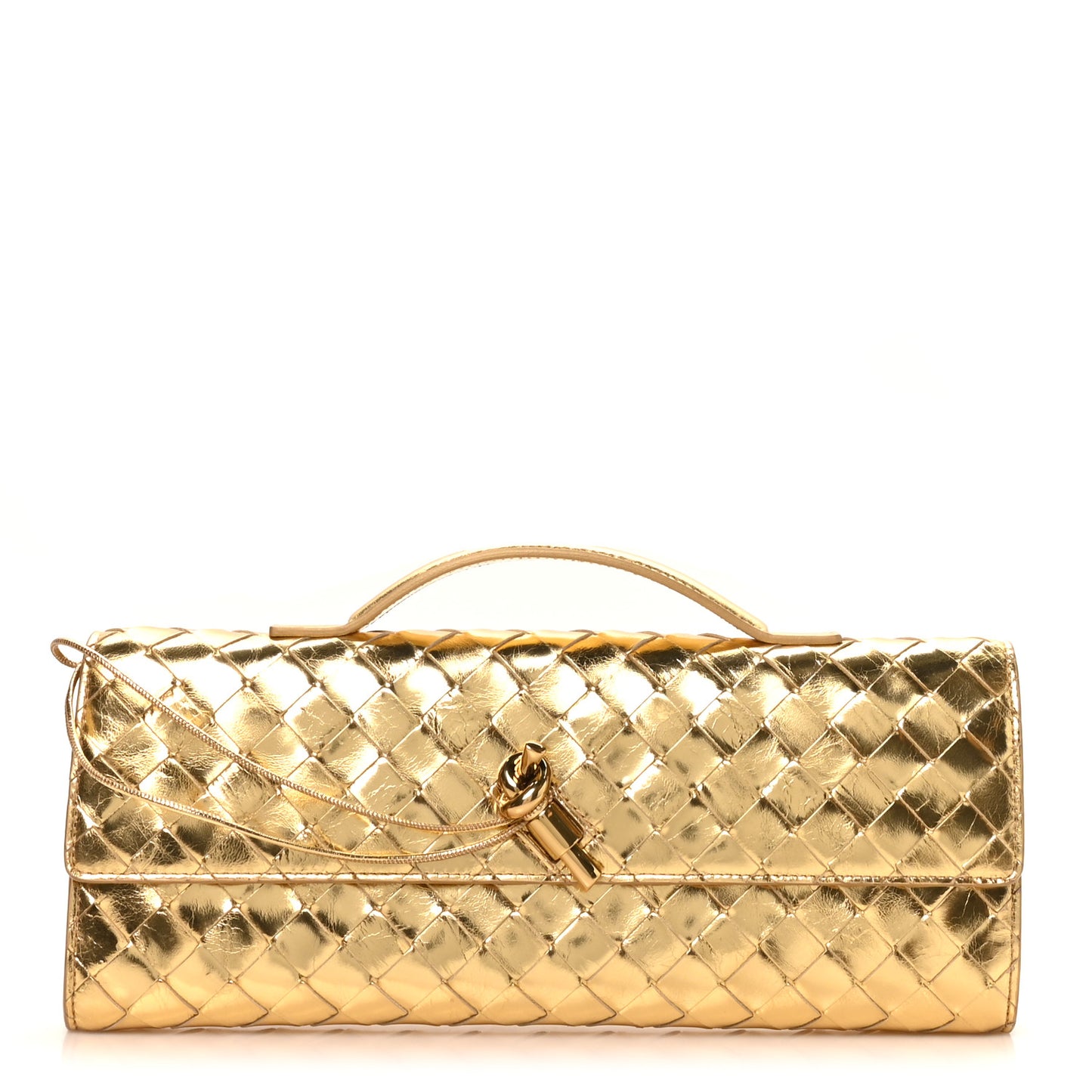 Metallic Lambskin Intrecciato Long Andiamo Top Handle Clutch Gold