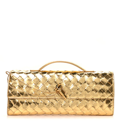 Bottega Veneta Metallic Lambskin Intrecciato Long Andiamo Top Handle Clutch Gold 1 of 7