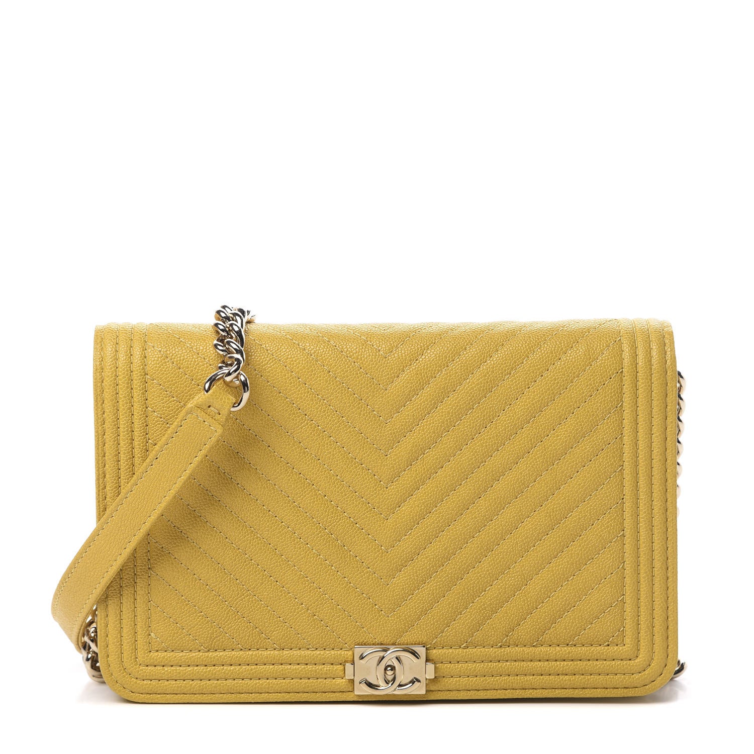 Chanel Caviar Chevron Quilted Boy Wallet On Chain WOC Yellow 1 of 12