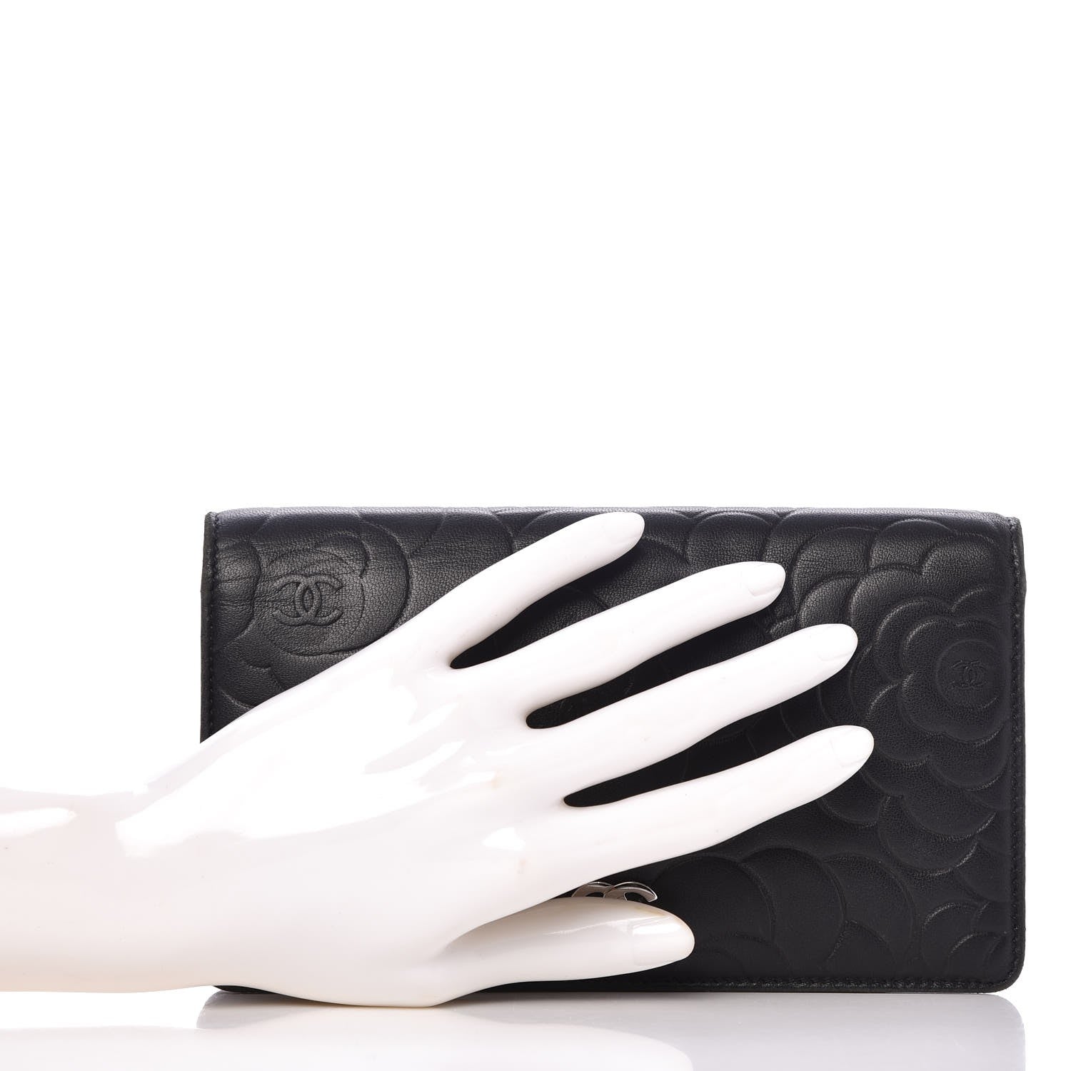 Chanel Lambskin Camellia Embossed Yen Wallet Black 10 of 22