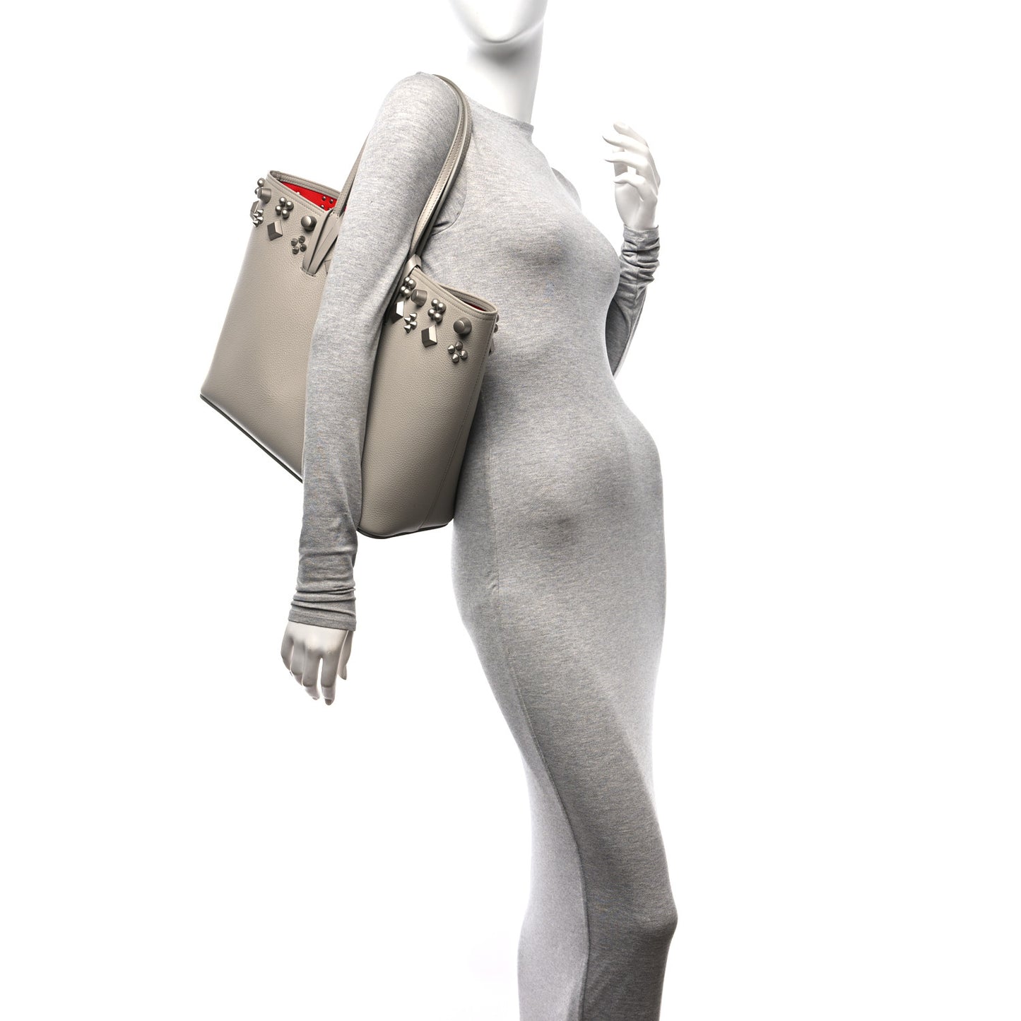 Calfskin Empire Spike Studded East West Cabata Tote Light Grey