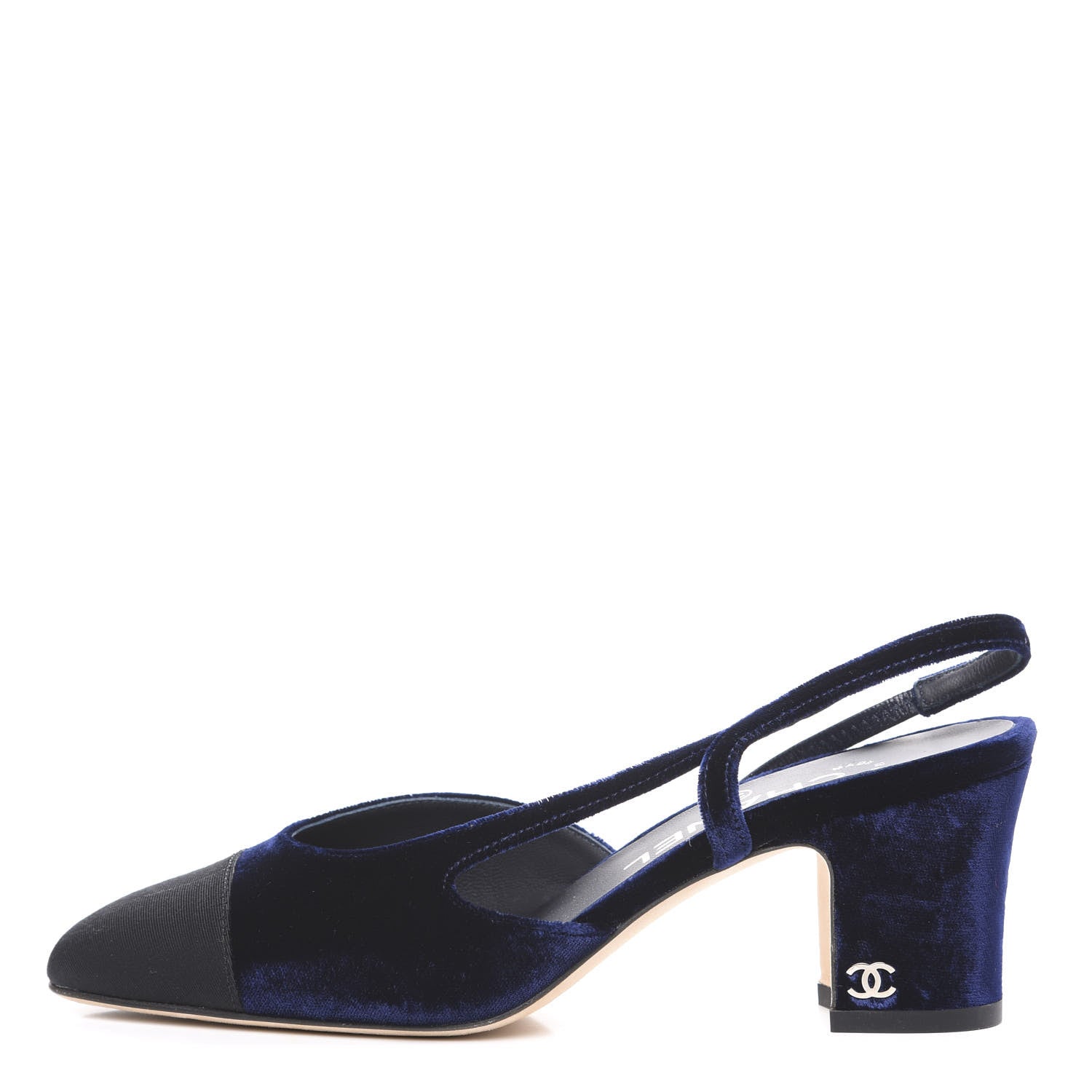 Chanel Velvet Grosgrain Cap Toe CC Slingback Pumps 35.5 Blue Black 1 of 9