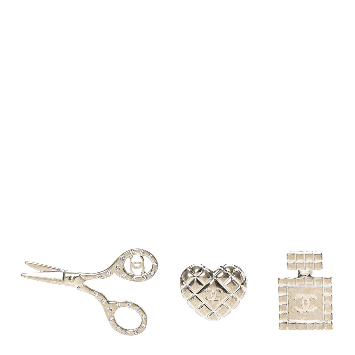 Metal Strass Crystal Quilted CC Heart Scissors Perfume Brooch Set Gold