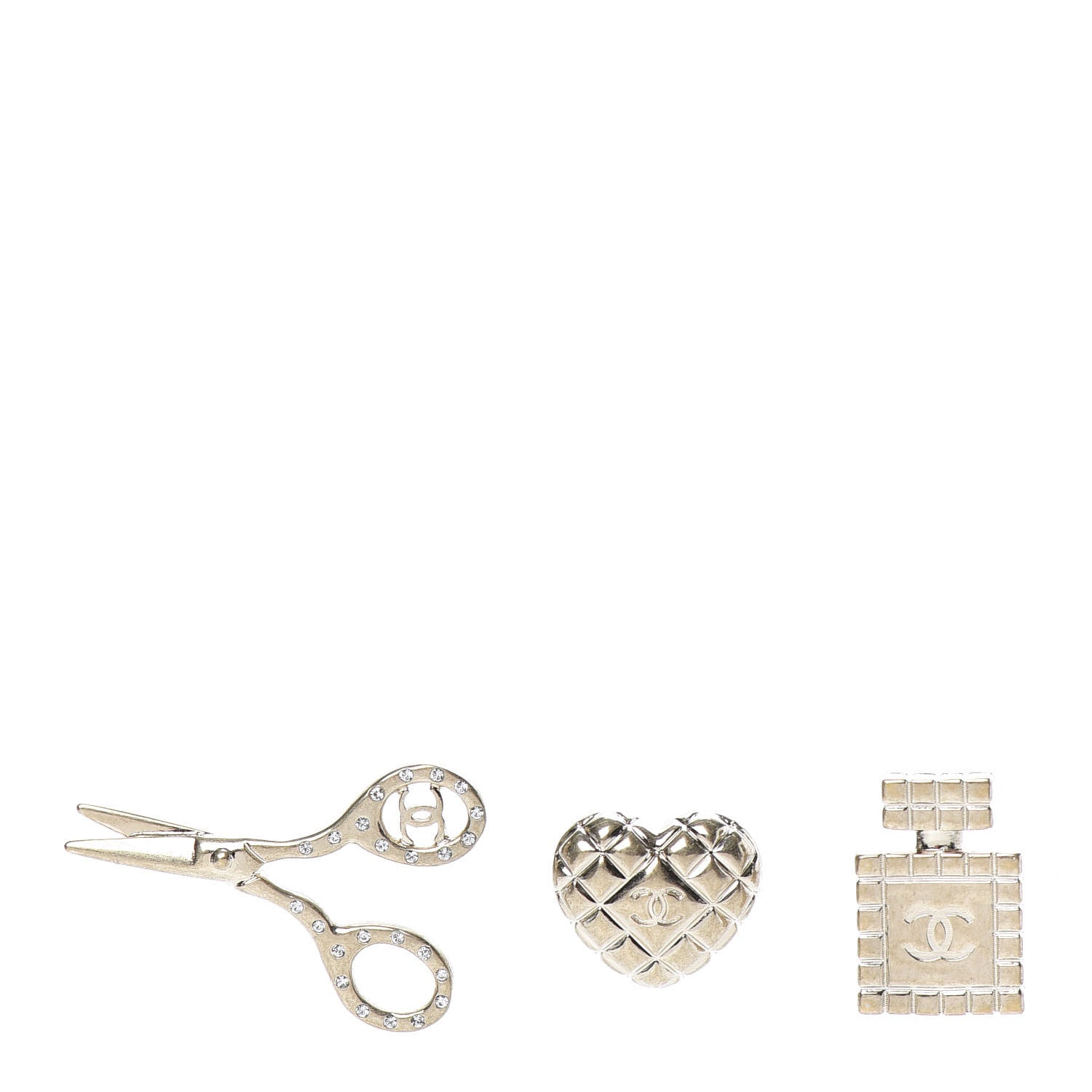 Chanel Metal Strass Crystal Quilted CC Heart Scissors Perfume Brooch Set Gold 1 of 5