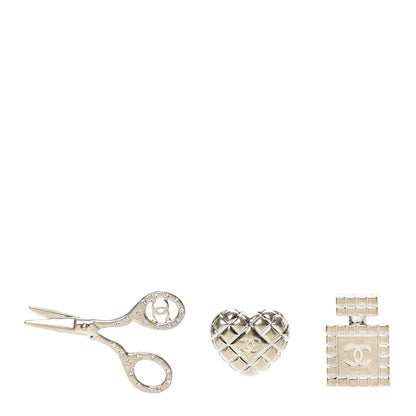 Chanel Metal Strass Crystal Quilted CC Heart Scissors Perfume Brooch Set Gold 1 of 5
