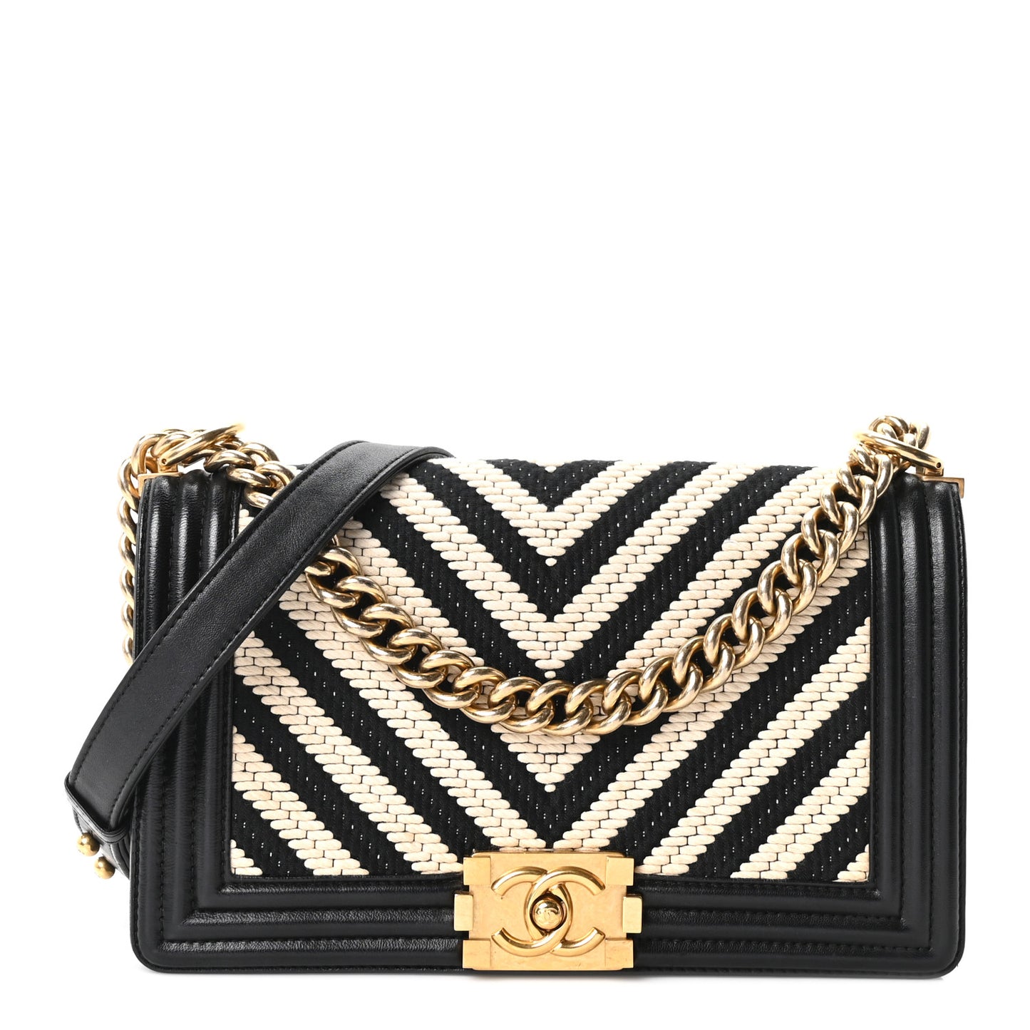 Fabric Chevron Braided Medium Boy Flap Black White