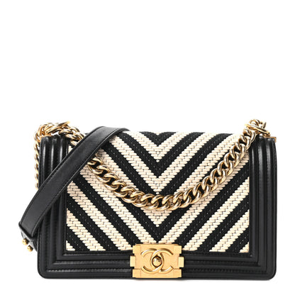 Chanel Fabric Chevron Braided Medium Boy Flap Black White 1 of 10