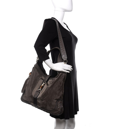 Gucci Calfskin Suede Large New Jackie Web Shoulder Bag Grey 2 of 10