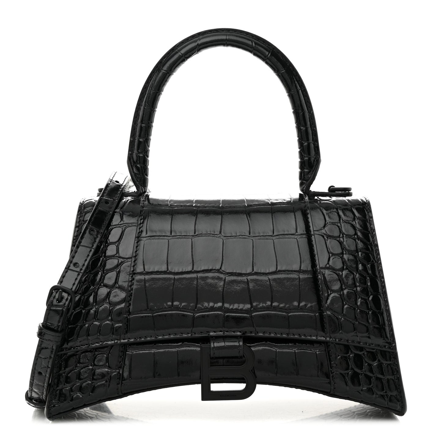 Shiny Calfskin Monochrome Crocodile Embossed Small Hourglass Top Handle Bag Black