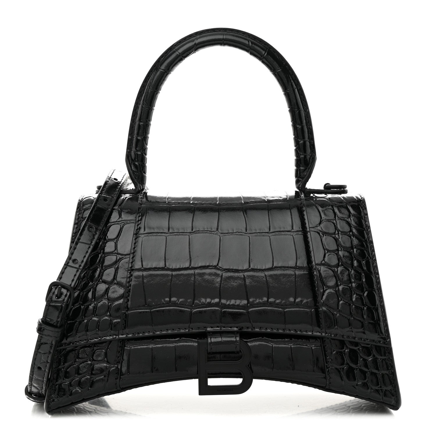 Balenciaga Shiny Calfskin Monochrome Crocodile Embossed Small Hourglass Top Handle Bag Black 1 of 10