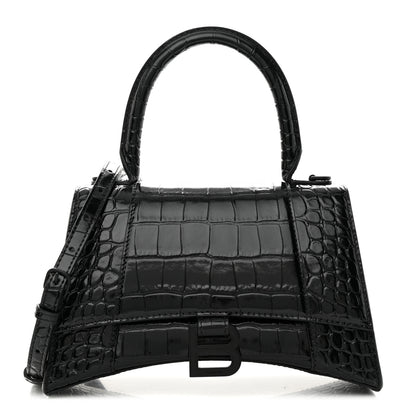 Balenciaga Shiny Calfskin Monochrome Crocodile Embossed Small Hourglass Top Handle Bag Black 1 of 10