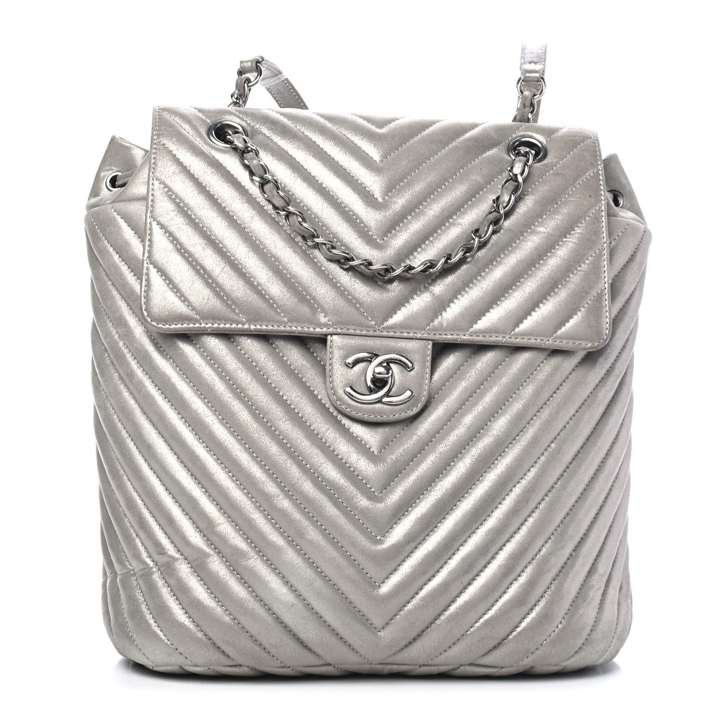 Iridescent Calfskin Chevron Quilted Small Urban Spirit Backpack Silver