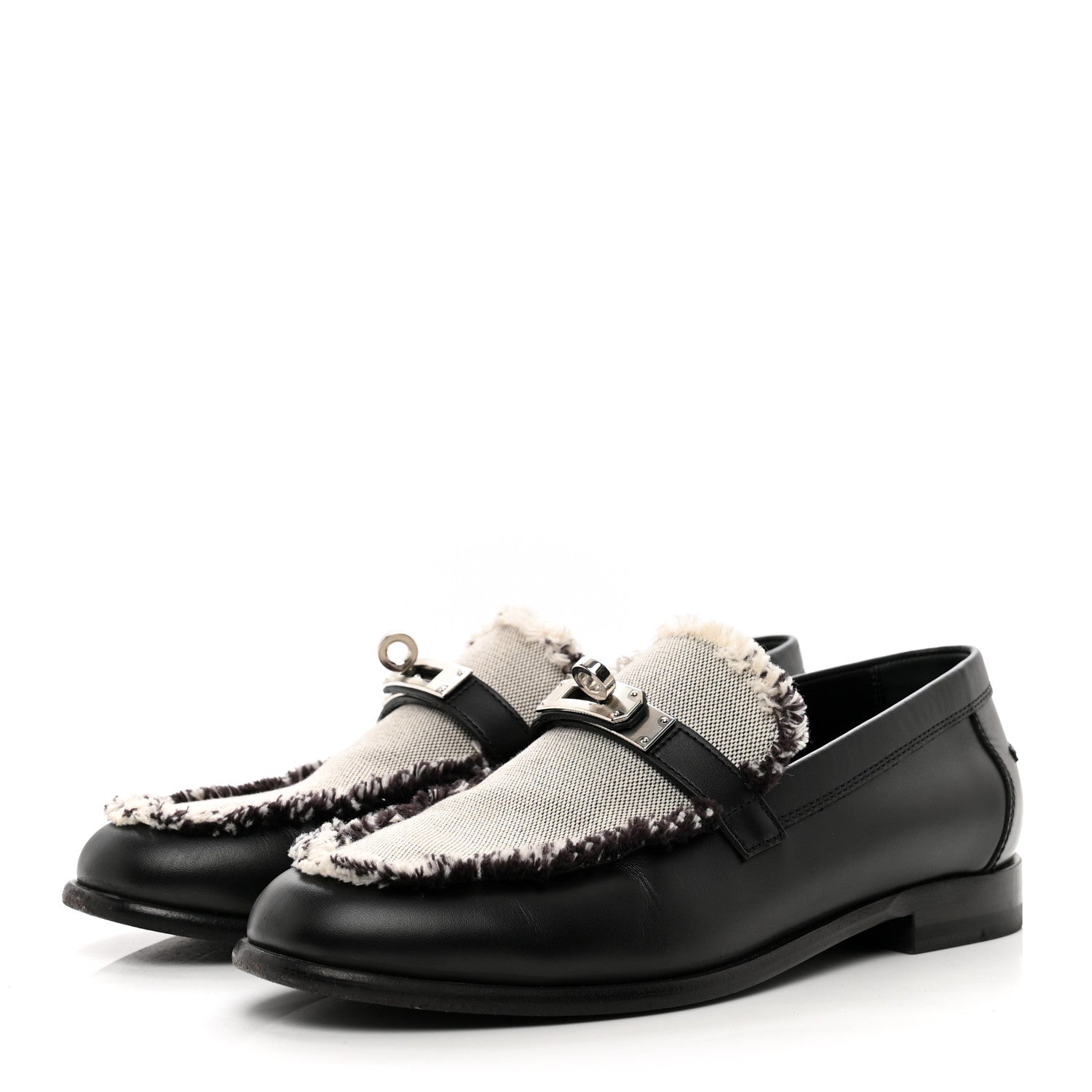 Hermes Toile Calfskin Fray Womens Destin Loafer 36.5 Black Prunoir 3 of 8