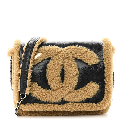Chanel Shiny Crumpled Sheepskin Shearling CC Mania Flap Bag Black Beige 1 of 11