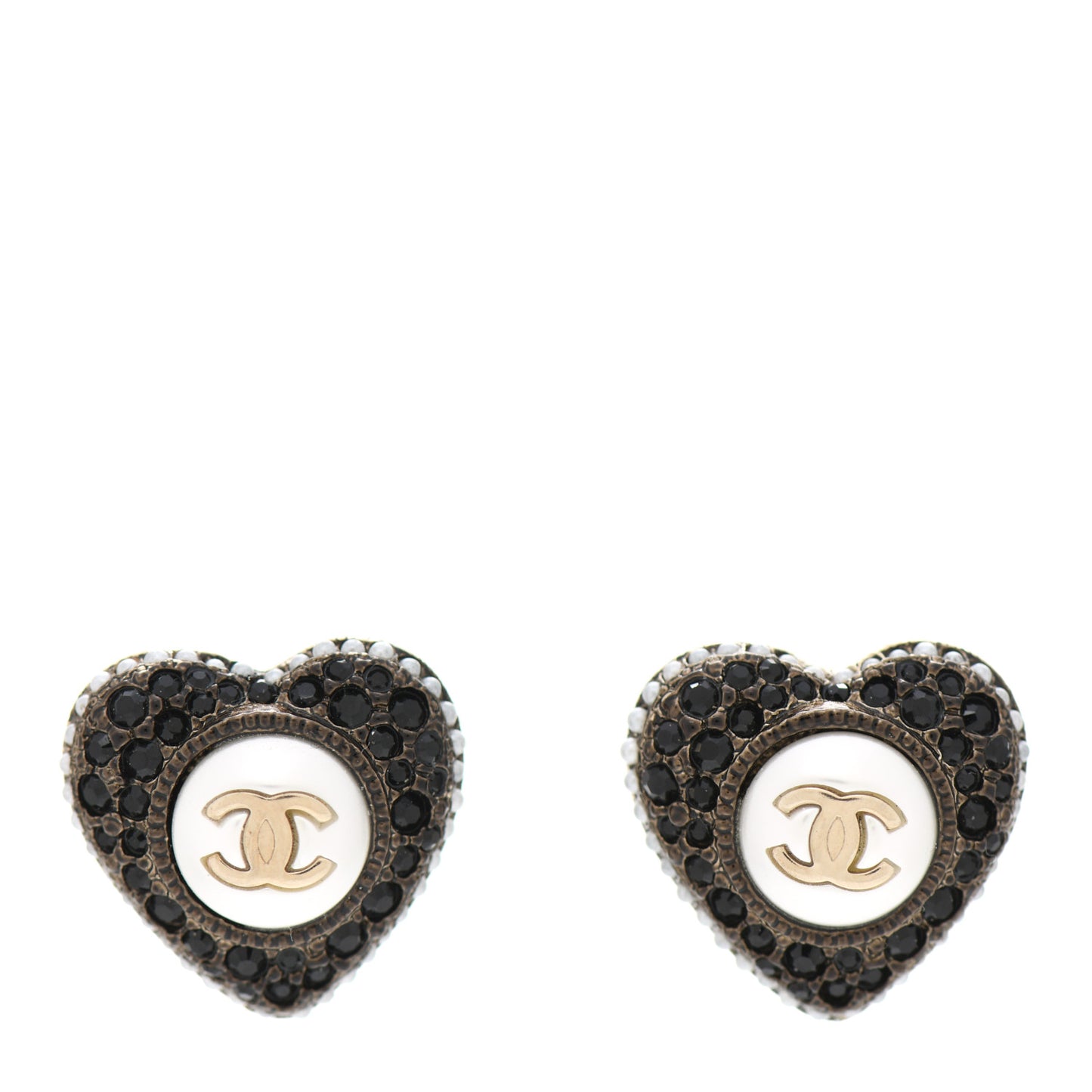 Pearl Crystal CC Heart Earrings Gold Black