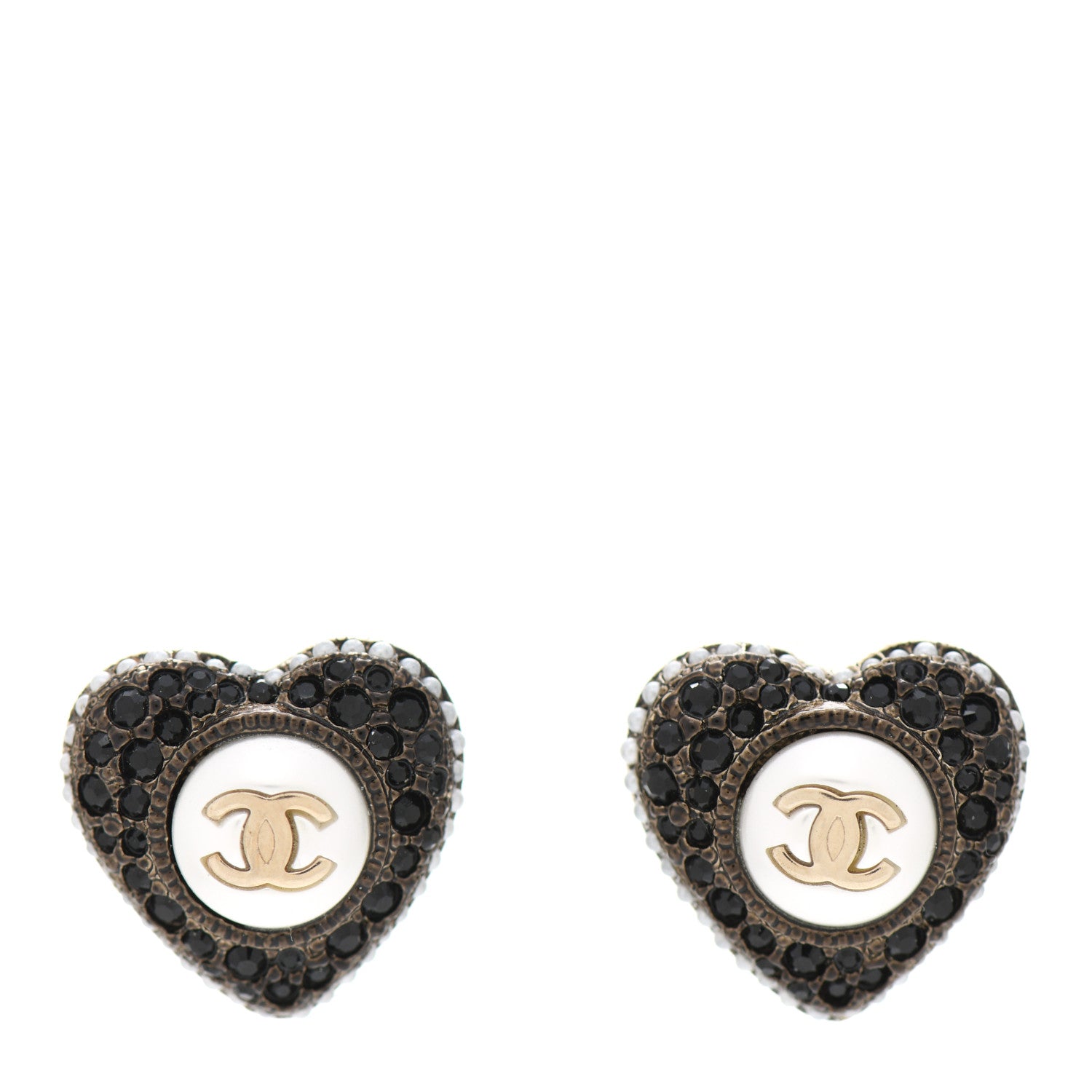 Chanel Pearl Crystal CC Heart Earrings Gold Black 1 of 5