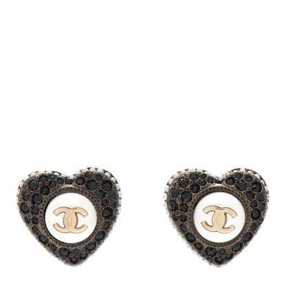 Chanel Pearl Crystal CC Heart Earrings Gold Black 1 of 5