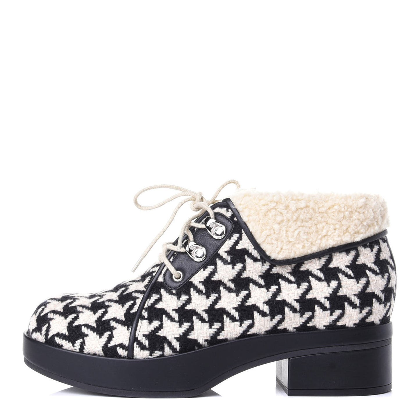 Optical Tweed Faux Shearling Houndstooth Victor Lace Up Ankle Boots 38.5 White Black