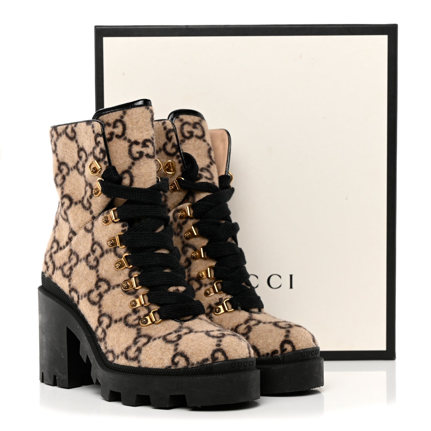 Covered Wool GG Monogram Womens Lace Up Combat Ankle Boots 40 Beige Ebony Black
