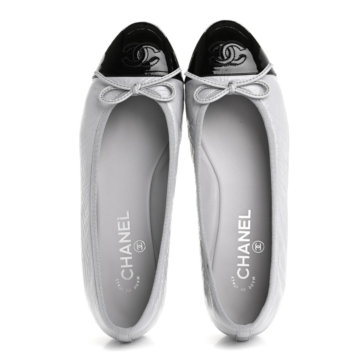 Shiny Crumpled Calfskin Patent CC Cap Toe Ballerina Flats 39 Grey Black