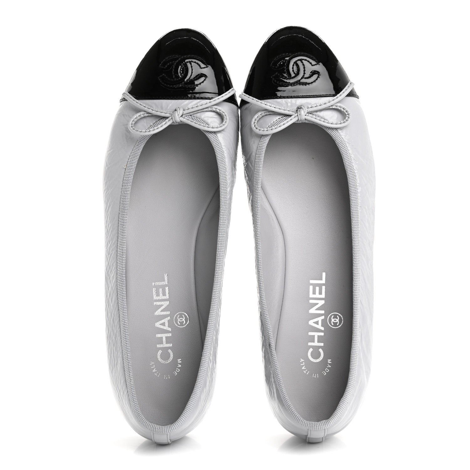 Chanel Shiny Crumpled Calfskin Patent CC Cap Toe Ballerina Flats 39 Grey Black 2 of 14
