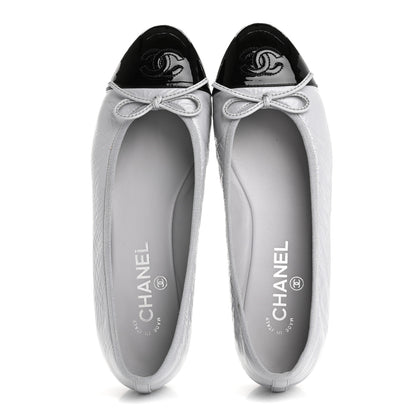 Chanel Shiny Crumpled Calfskin Patent CC Cap Toe Ballerina Flats 39 Grey Black 2 of 14
