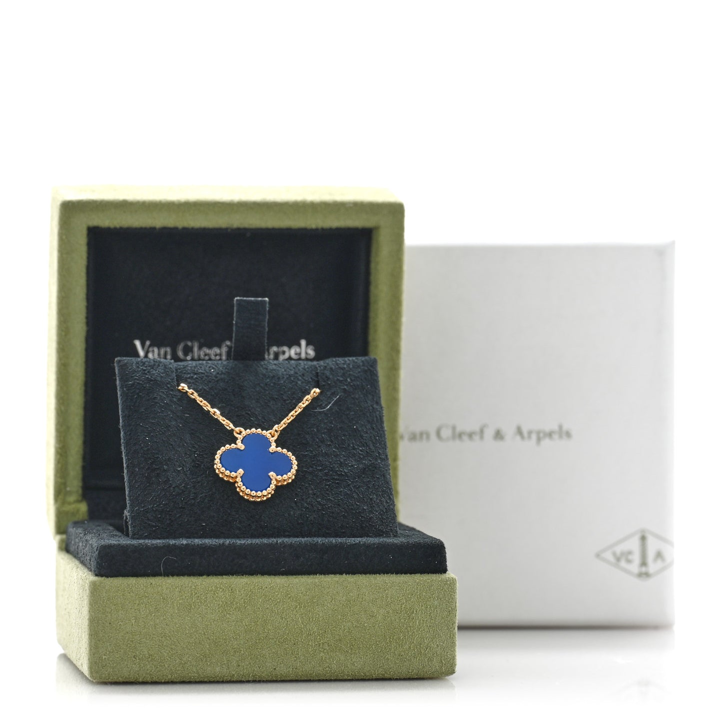 18K Yellow Gold Blue Agate Vintage Alhambra Pendant Necklace