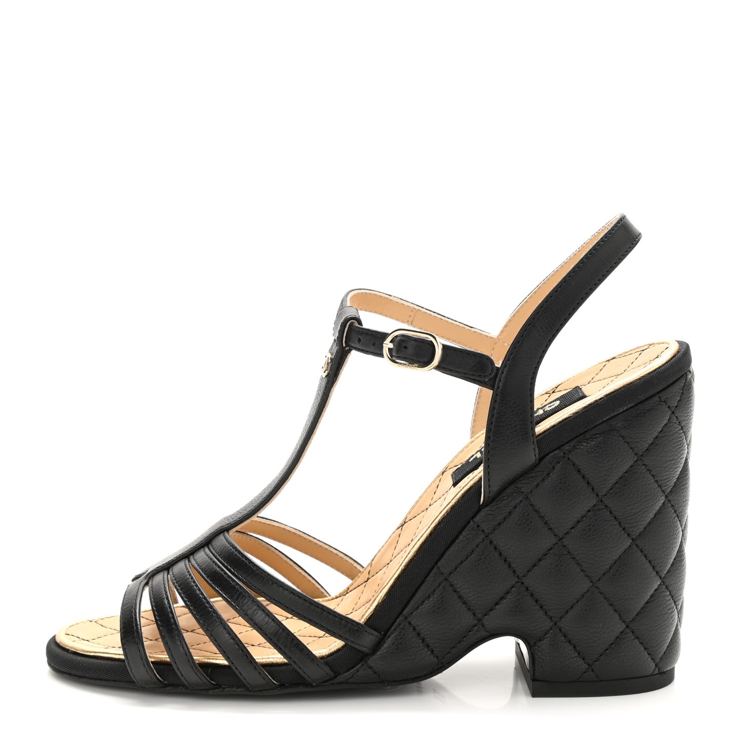 Grained Calfskin Quilted Wedge Sandals 37.5 Black